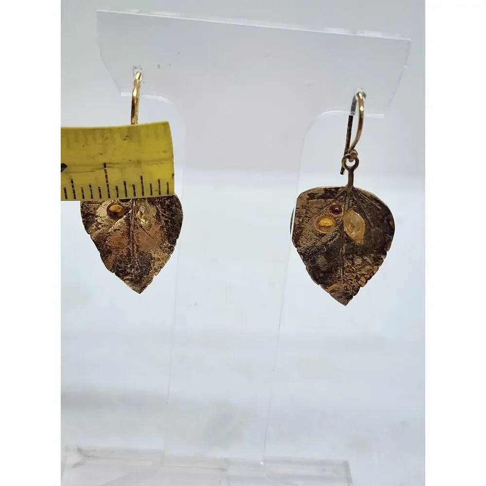 Vintage 14k Gold on 925 Sterling Silver Leaf Shaped Earrings YAM Israel
